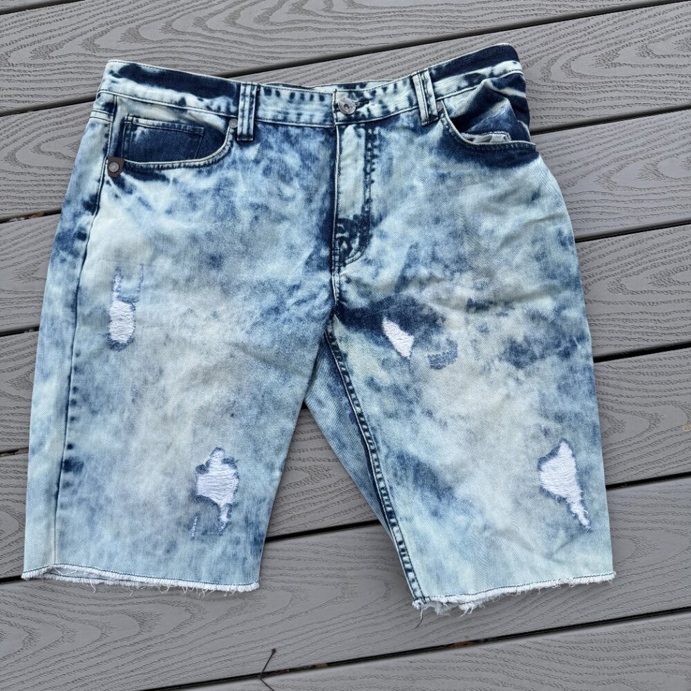 Level 7 Mens shorts 40 Denim Cotton Distressed Raw Hem Acid Wash Long Length